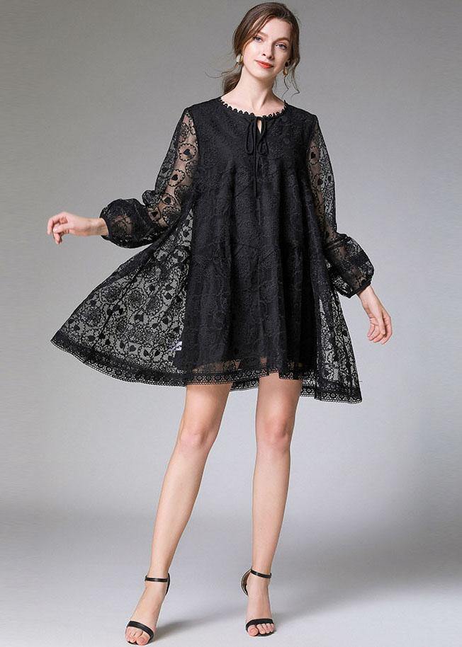 Stylish Black Loose Embroideried Spring Long Sleeve Dress - SooLinen