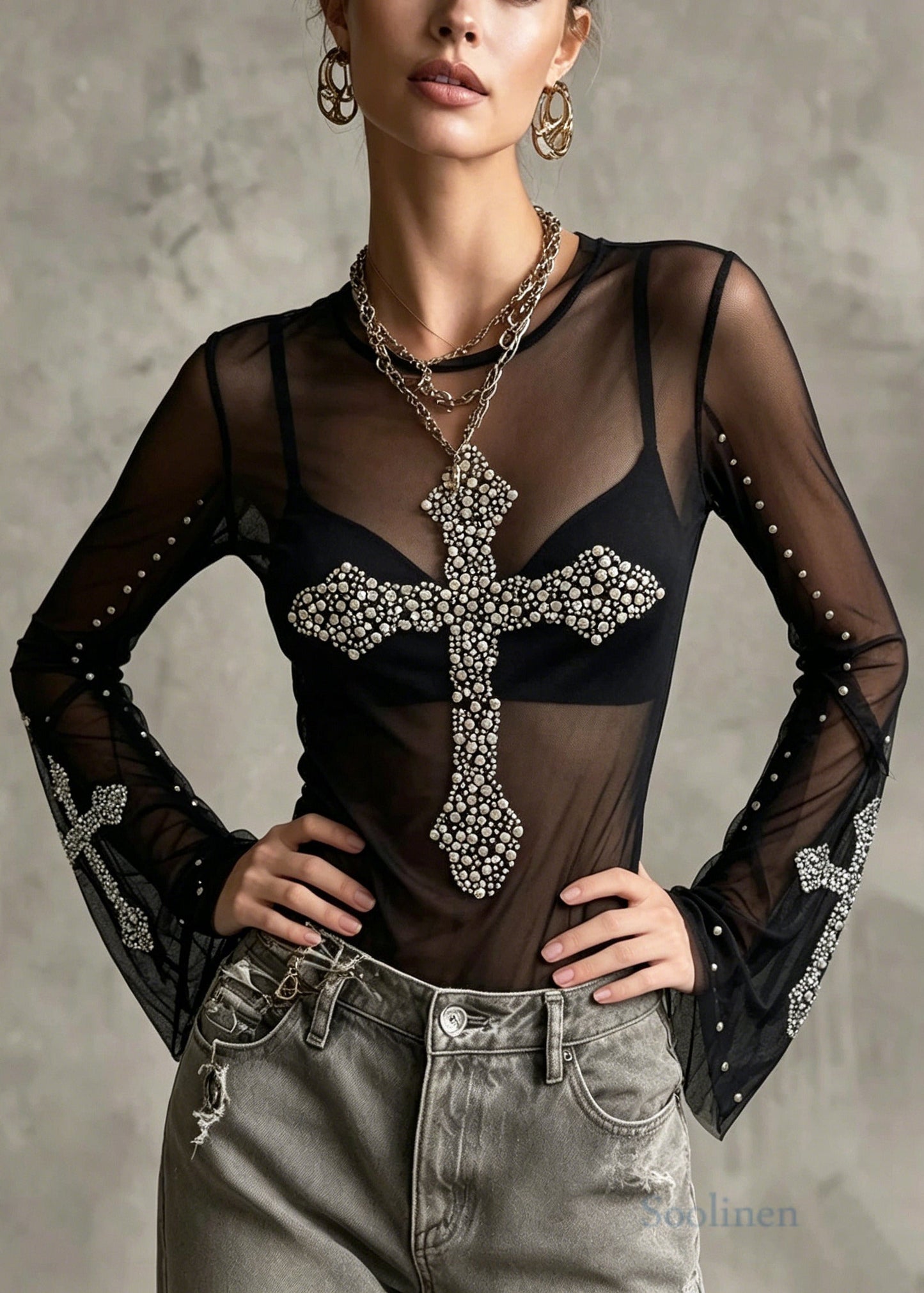 Stylish Black Nail Bead Tulle Sheer Shirts Flare Sleeve