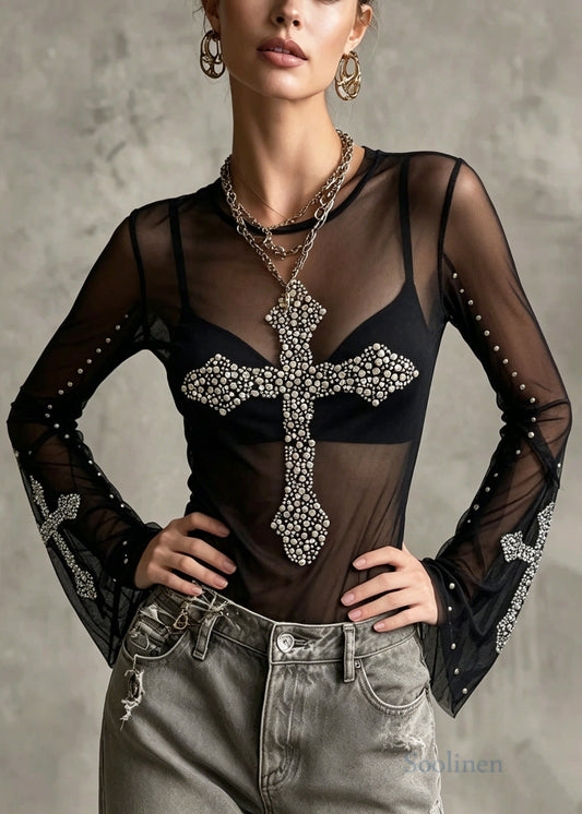 Stylish Black Nail Bead Tulle Sheer Shirts Flare Sleeve