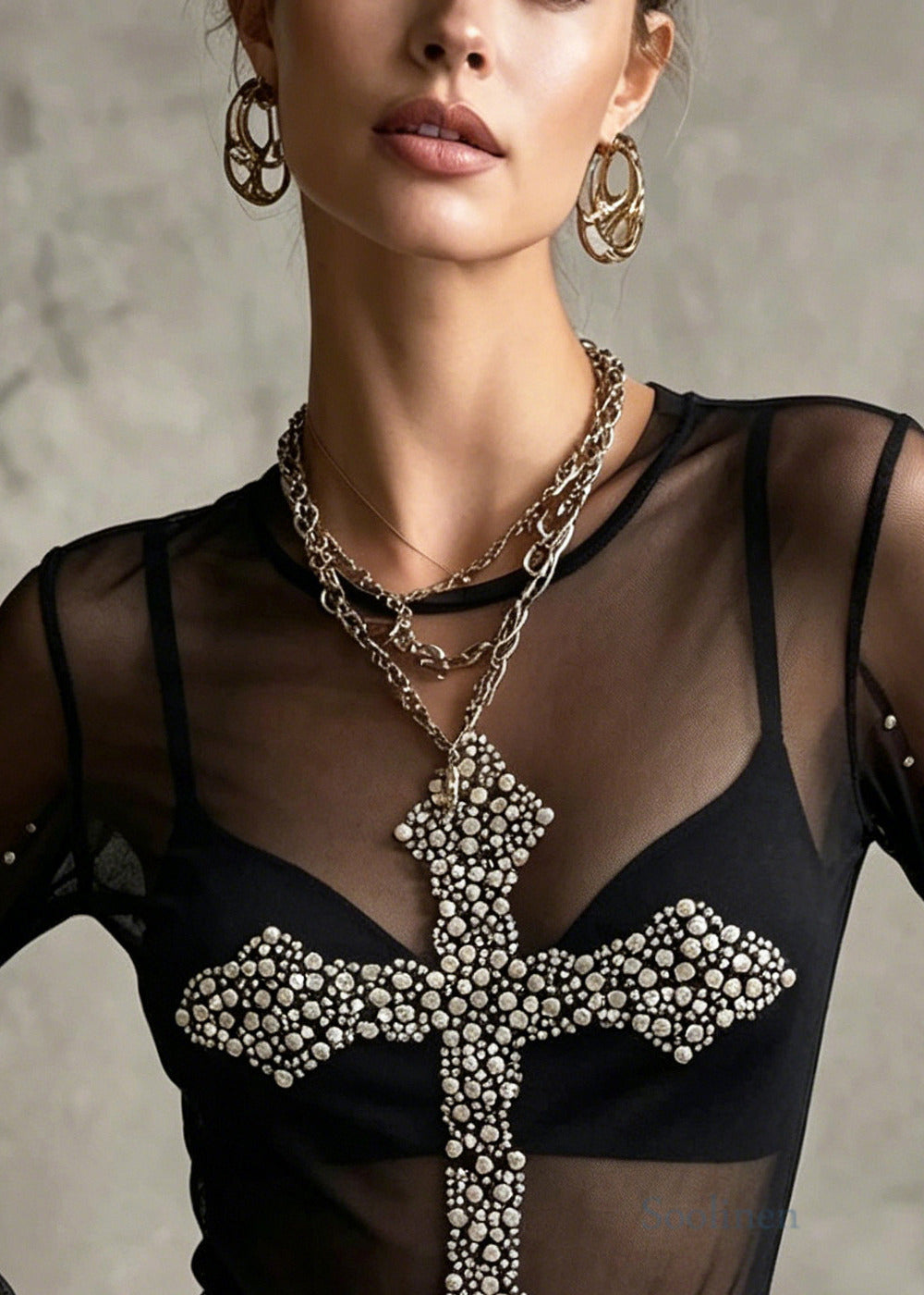 Stylish Black Nail Bead Tulle Sheer Shirts Flare Sleeve