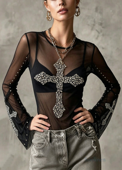 Stylish Black Nail Bead Tulle Sheer Shirts Flare Sleeve