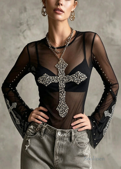 Stylish Black Nail Bead Tulle Sheer Shirts Flare Sleeve