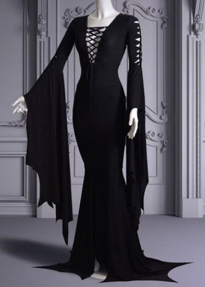 Stylish Black O Neck Lace Up Patchwork Cotton Dress Batwing Sleeve