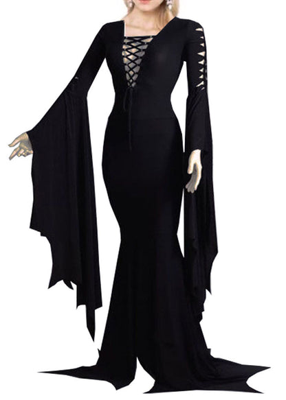 Stylish Black O Neck Lace Up Patchwork Cotton Dress Batwing Sleeve