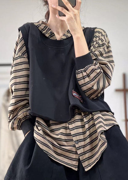 Stilvolle Schwarze O-Ausschnitt Übergroße Applikation Baumwolle Weste Tops Frühling