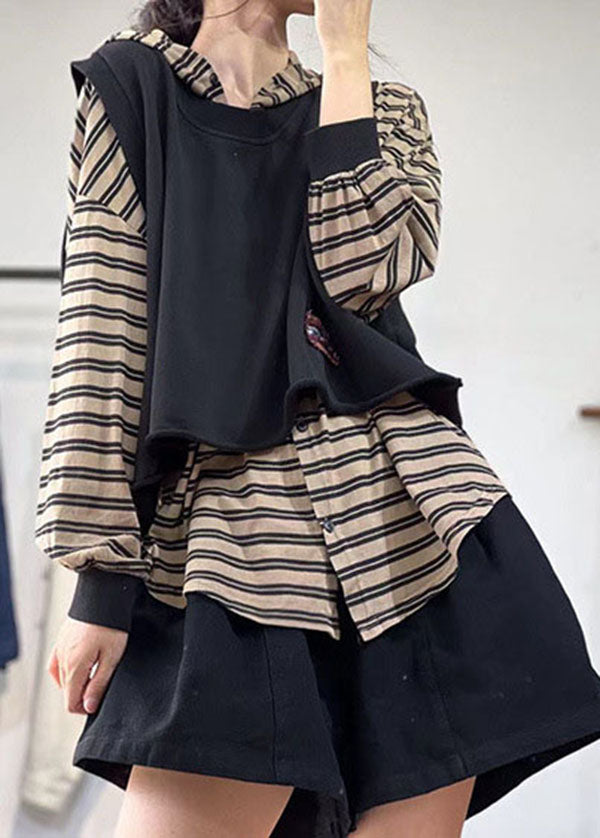 Stilvolle Schwarze O-Ausschnitt Übergroße Applikation Baumwolle Weste Tops Frühling