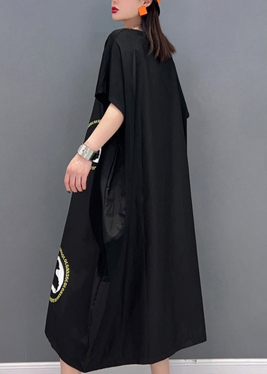 Stilvolles schwarzes O-Ausschnitt Patchwork Print Urlaub Lange Kleider Kurzarm