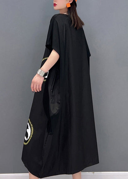 Stilvolles schwarzes O-Ausschnitt Patchwork Print Urlaub Lange Kleider Kurzarm