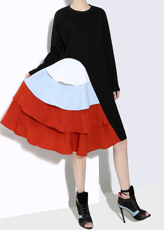 Stylish Black O-Neck Ruffles Patchwork Dress Spring