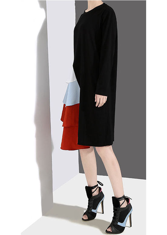 Stylish Black O-Neck Ruffles Patchwork Dress Spring