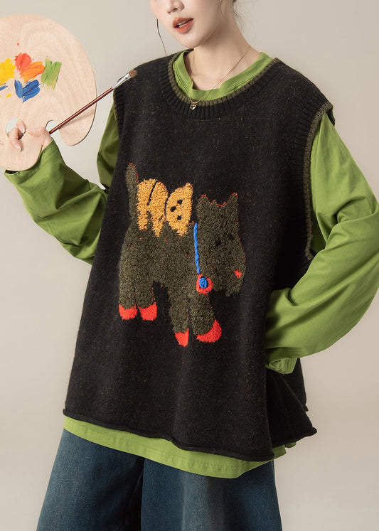 Stilvolle schwarze Weste aus dickem Baumwollstrick mit Rundhalsausschnitt für den Winter