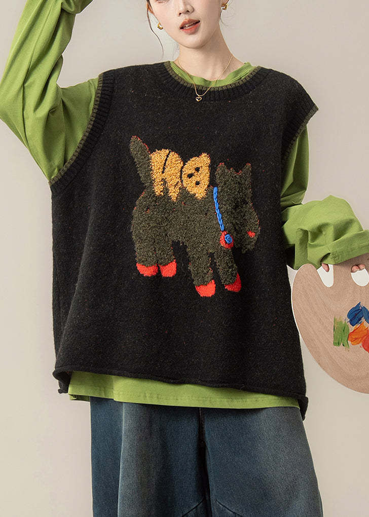 Stilvolle schwarze Weste aus dickem Baumwollstrick mit Rundhalsausschnitt für den Winter