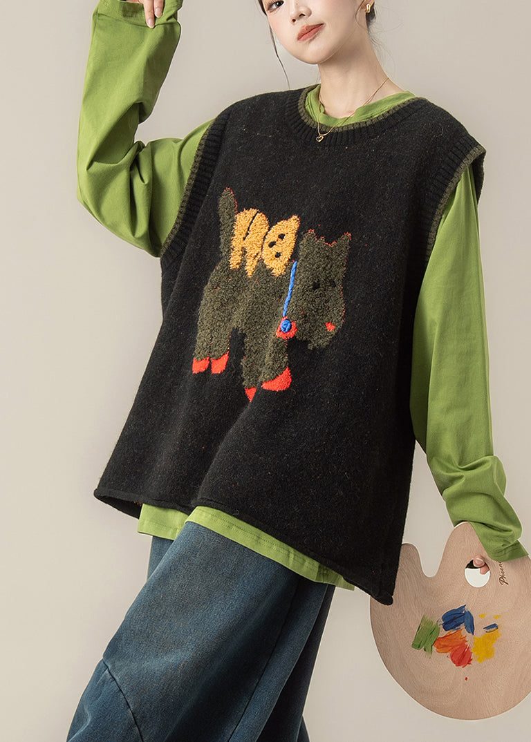 Stilvolle schwarze Weste aus dickem Baumwollstrick mit Rundhalsausschnitt für den Winter