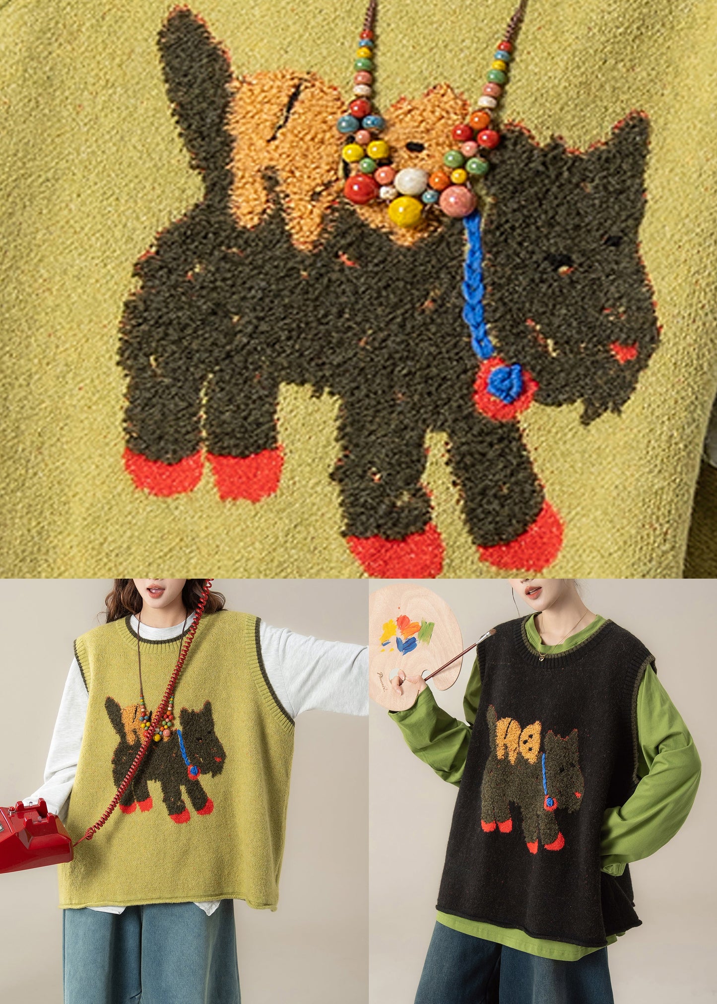 Stilvolle schwarze Weste aus dickem Baumwollstrick mit Rundhalsausschnitt für den Winter