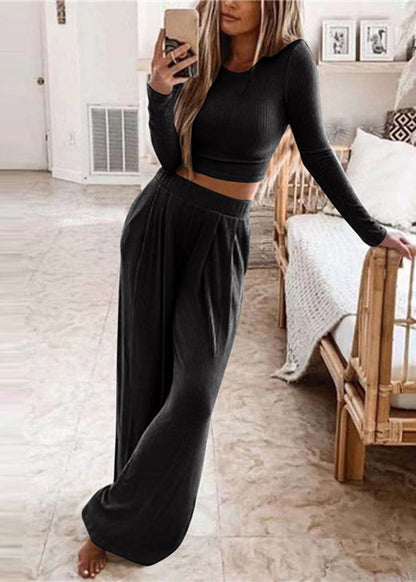 Stylish Black O-Neck Top And Wide Leg Pants Two Piece Set Long Sleeve