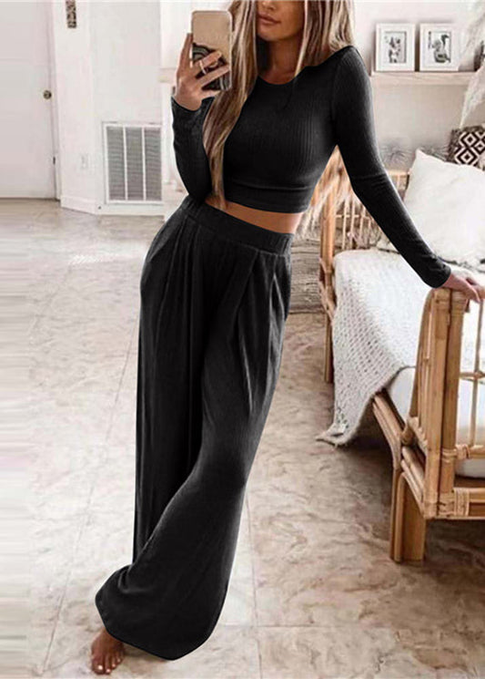 Stylish Black O-Neck Top And Wide Leg Pants Two Piece Set Long Sleeve