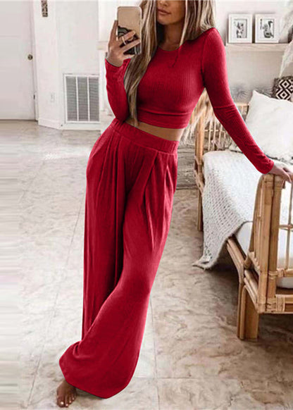 Stylish Black O-Neck Top And Wide Leg Pants Two Piece Set Long Sleeve