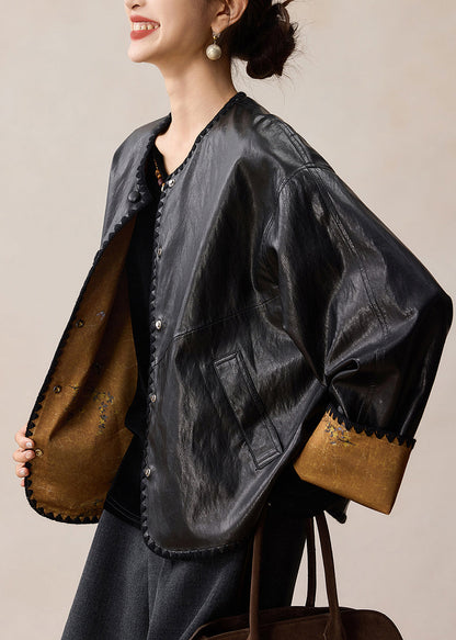 Stilvoller schwarzer O-Ausschnitt-Mantel aus Kunstleder, beidseitig tragbar, Frühling