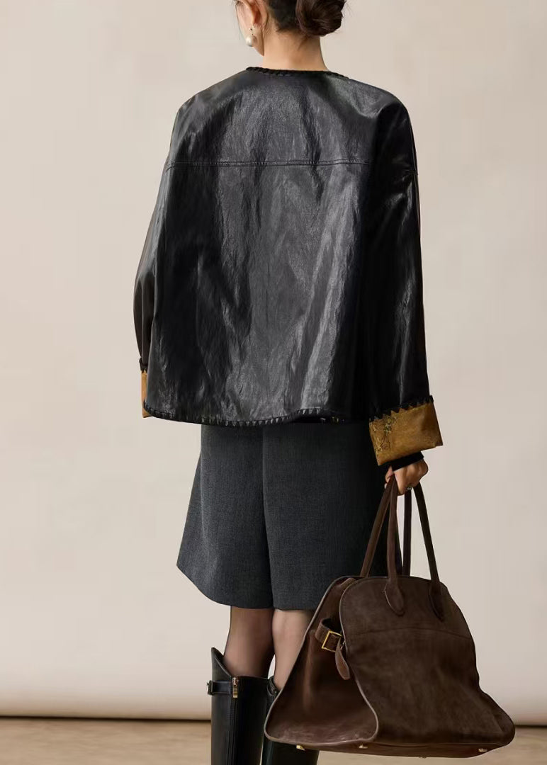 Stilvoller schwarzer O-Ausschnitt-Mantel aus Kunstleder, beidseitig tragbar, Frühling