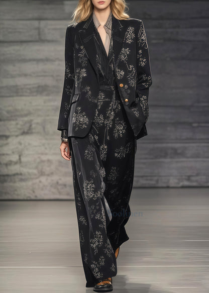 Stylish Black Oversized Print Spandex Two-Piece Set Spring