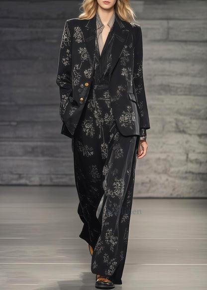 Stylish Black Oversized Print Spandex Two-Piece Set Spring