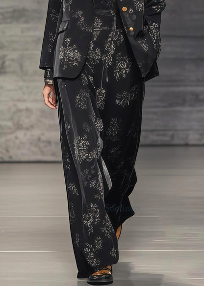 Stylish Black Oversized Print Spandex Two-Piece Set Spring