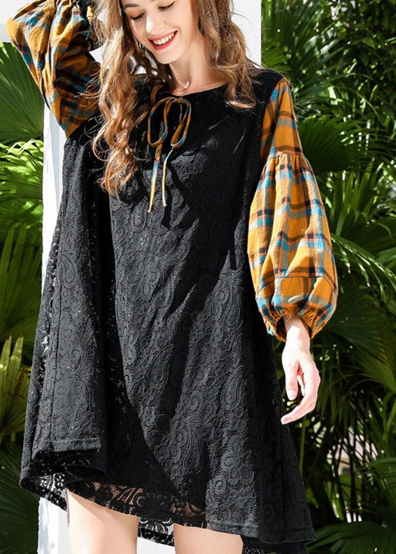 Stylish Black Patchwork Lantern Sleeve Lace Maxi Dress Summer - SooLinen