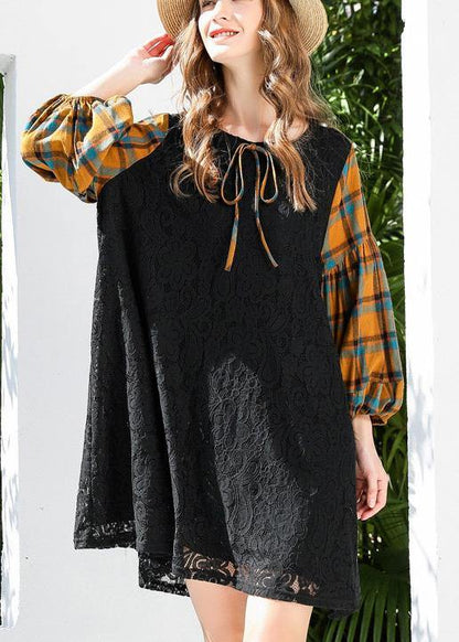 Stylish Black Patchwork Lantern Sleeve Lace Maxi Dress Summer - SooLinen