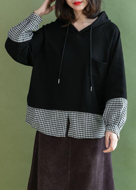 Stylish Black Patchwork Plaid Pockets Fall Loose Pullover Street Wear - SooLinen