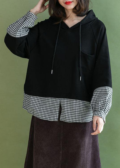 Stylish Black Patchwork Plaid Pockets Fall Loose Pullover Street Wear - SooLinen