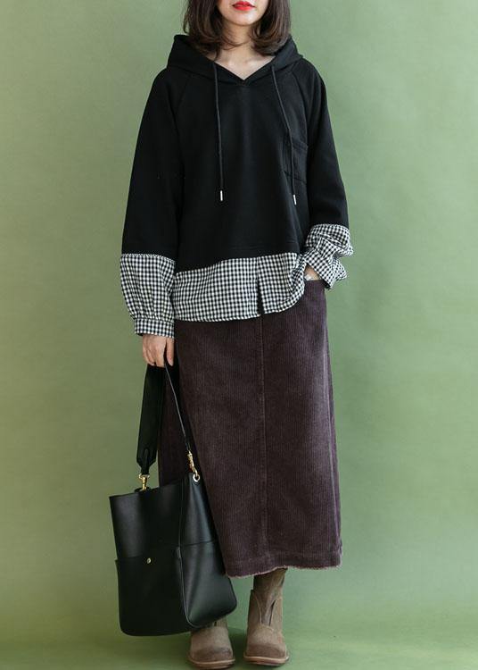 Stylish Black Patchwork Plaid Pockets Fall Loose Pullover Street Wear - SooLinen