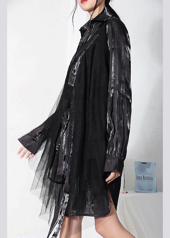 Stylish Black Patchwork Tulle tie waist asymmetrical design Summer Top - SooLinen