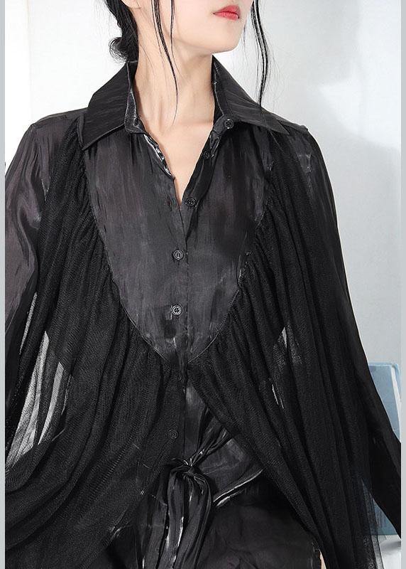 Stylish Black Patchwork Tulle tie waist asymmetrical design Summer Top - SooLinen