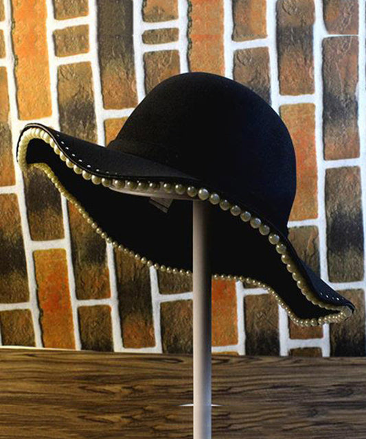 Stylish Black Pearl Bow Woolen Bucket Hat