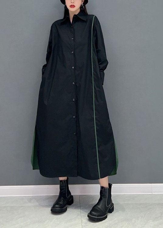 Stilvolles schwarzes Peter-Pan-Kragen-Patchwork-Shirtkleid mit seitlicher Öffnung aus Baumwolle für den Frühling