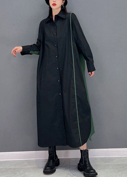 Stilvolles schwarzes Peter-Pan-Kragen-Patchwork-Shirtkleid mit seitlicher Öffnung aus Baumwolle für den Frühling