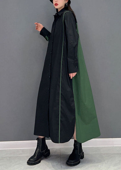 Stilvolles schwarzes Peter-Pan-Kragen-Patchwork-Shirtkleid mit seitlicher Öffnung aus Baumwolle für den Frühling