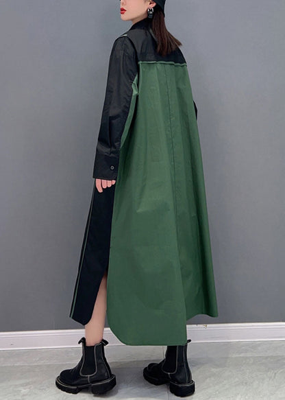 Stilvolles schwarzes Peter-Pan-Kragen-Patchwork-Shirtkleid mit seitlicher Öffnung aus Baumwolle für den Frühling