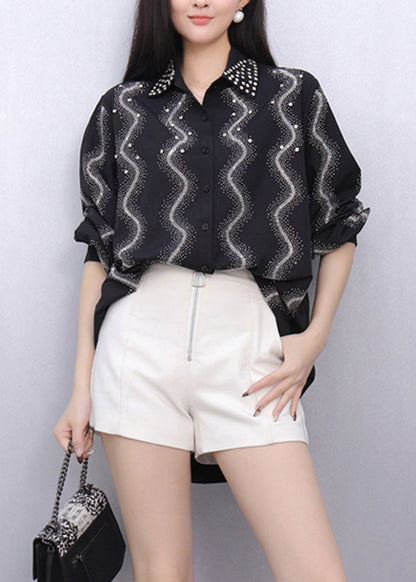 Stylish Black Peter Pan Collar Shirts Puff Sleeve