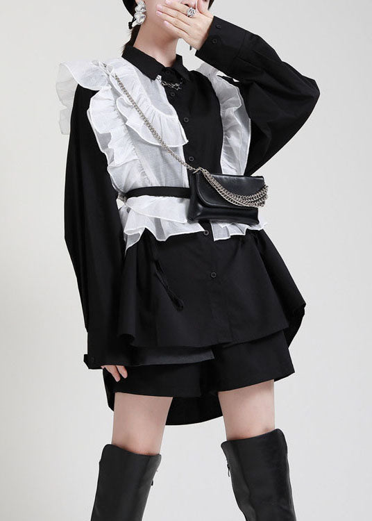 Stilvolles schwarzes PeterPan-Kragen-Knopf-Rüschen-asymmetrisches Design Herbst-Top