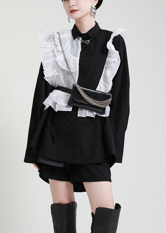 Stilvolles schwarzes PeterPan-Kragen-Knopf-Rüschen-asymmetrisches Design Herbst-Top