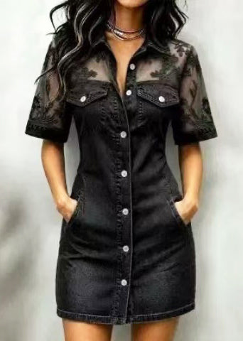 Stylish Black Pockets Patchwork Lace Mini Dress Summer