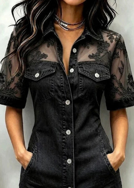 Stylish Black Pockets Patchwork Lace Mini Dress Summer