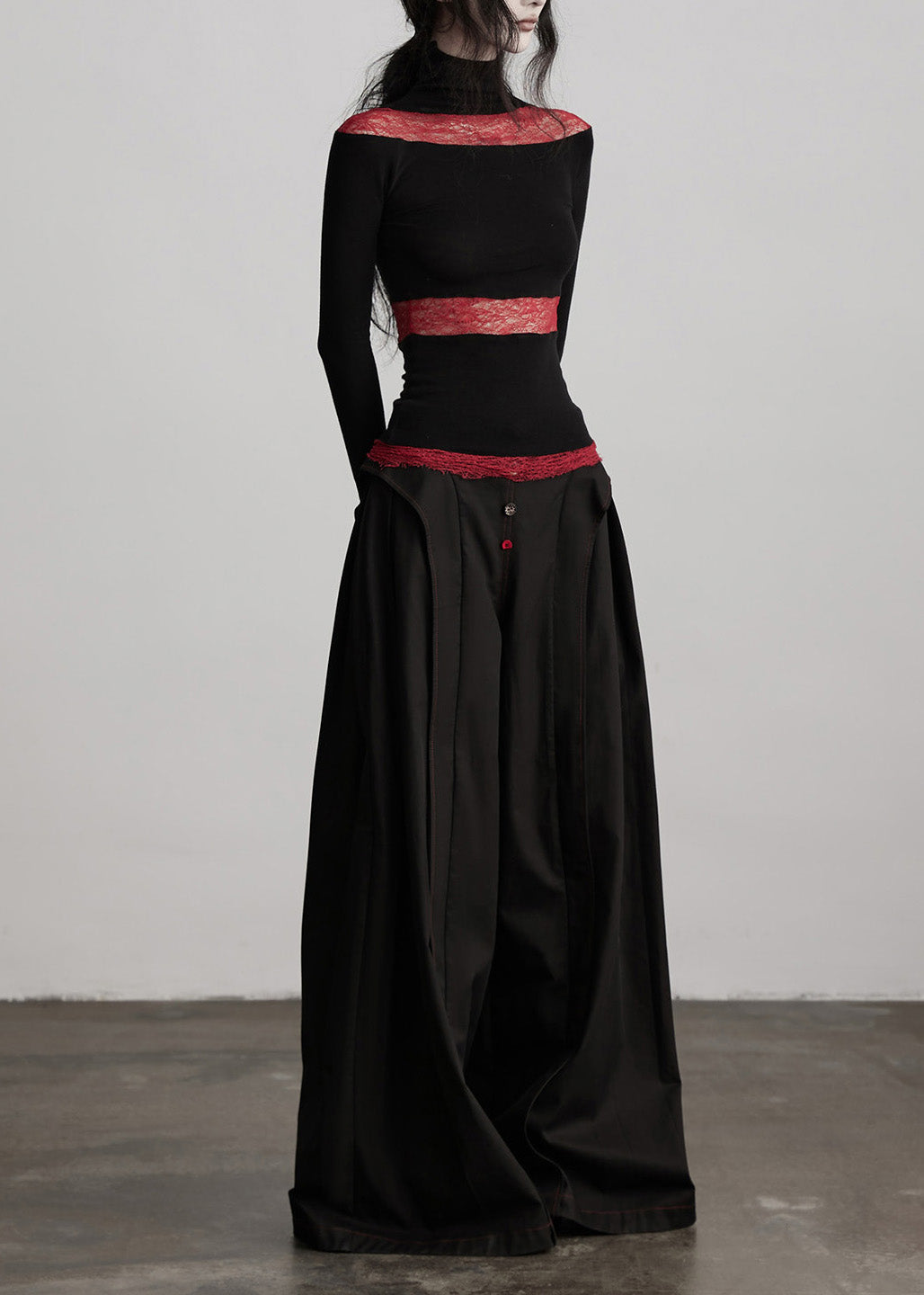 Pantalones anchos de algodón con parches arrugados y bolsillos negros elegantes para primavera