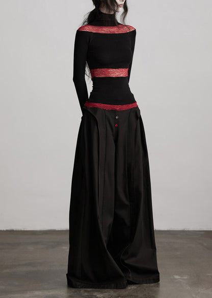 Pantalones anchos de algodón con parches arrugados y bolsillos negros elegantes para primavera