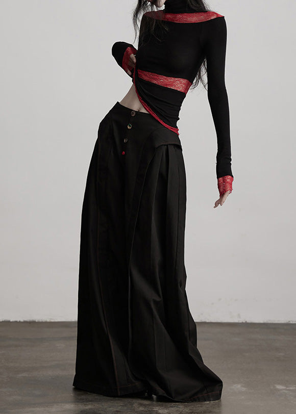 Pantalones anchos de algodón con parches arrugados y bolsillos negros elegantes para primavera