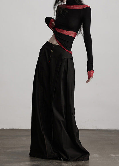 Pantalones anchos de algodón con parches arrugados y bolsillos negros elegantes para primavera