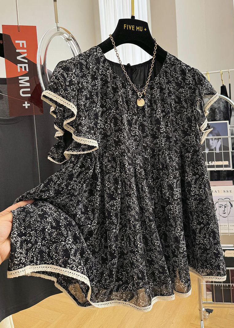 Stylish Black Print Chiffon Tanks Butterfly Sleeve