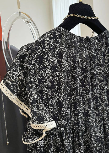 Stylish Black Print Chiffon Tanks Butterfly Sleeve