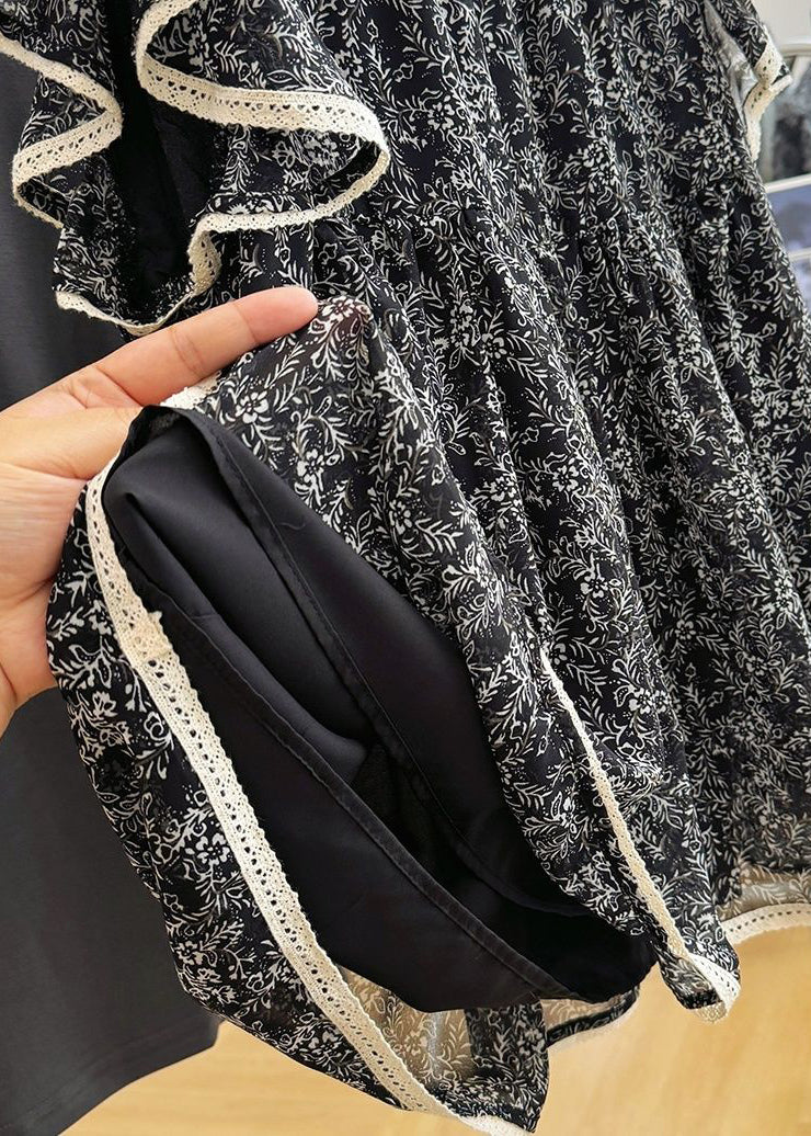 Stylish Black Print Chiffon Tanks Butterfly Sleeve